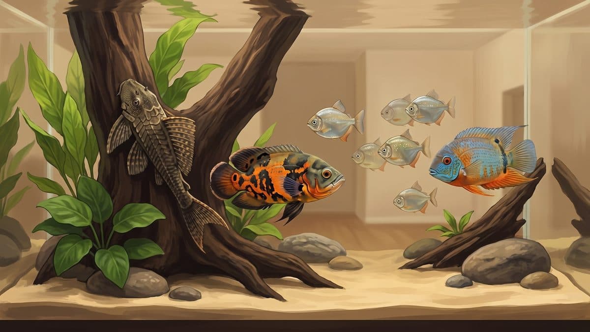 Oscar swimming alongside a large pleco in a spacious community cichlid tank