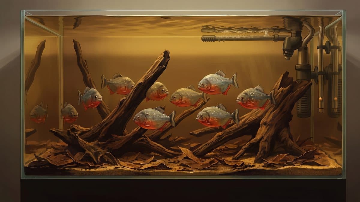 School of red-bellied piranhas in a blackwater aquarium with driftwood