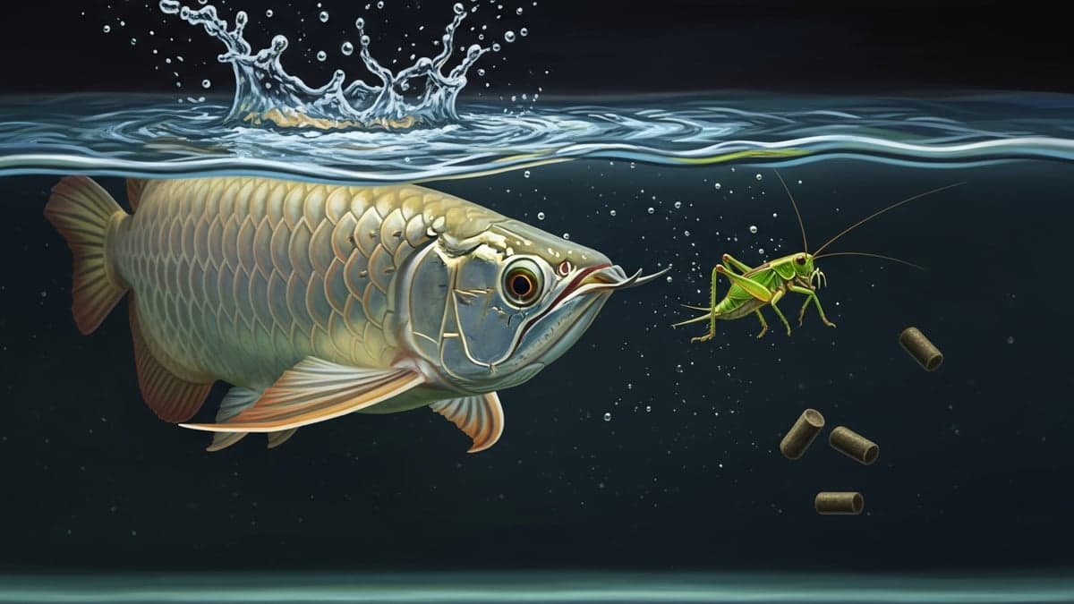 An Asian Arowana leaping to catch a cricket at the water surface during feeding time