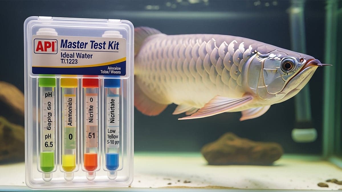 A Platinum Arowana swimming in crystal-clear water with digital parameter monitors visible in the background