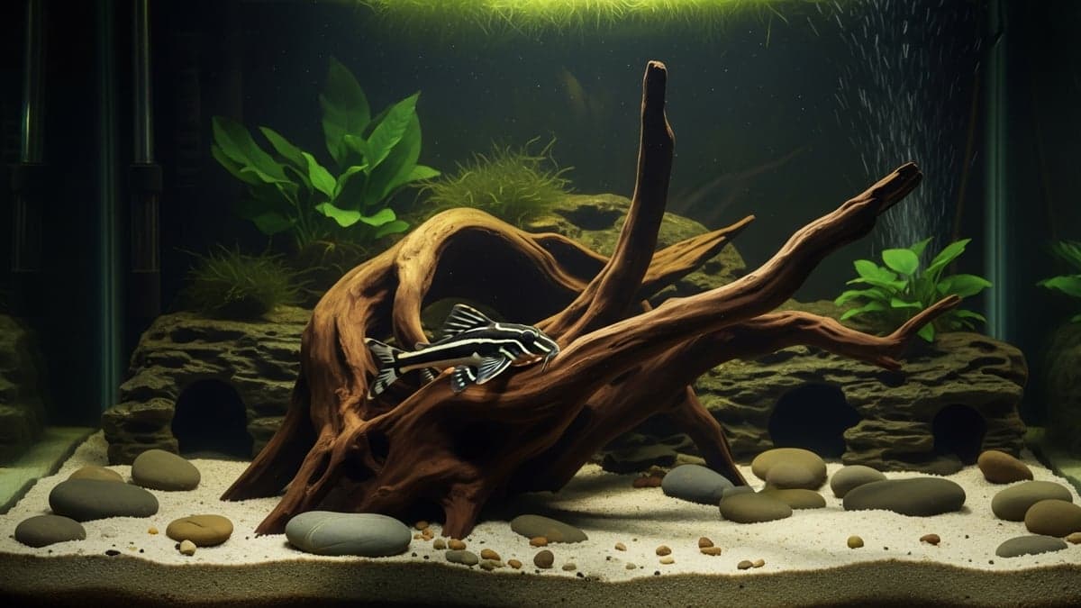 A Zebra Pleco (L046) resting on a piece of driftwood in a well-decorated aquarium with caves and subdued lighting