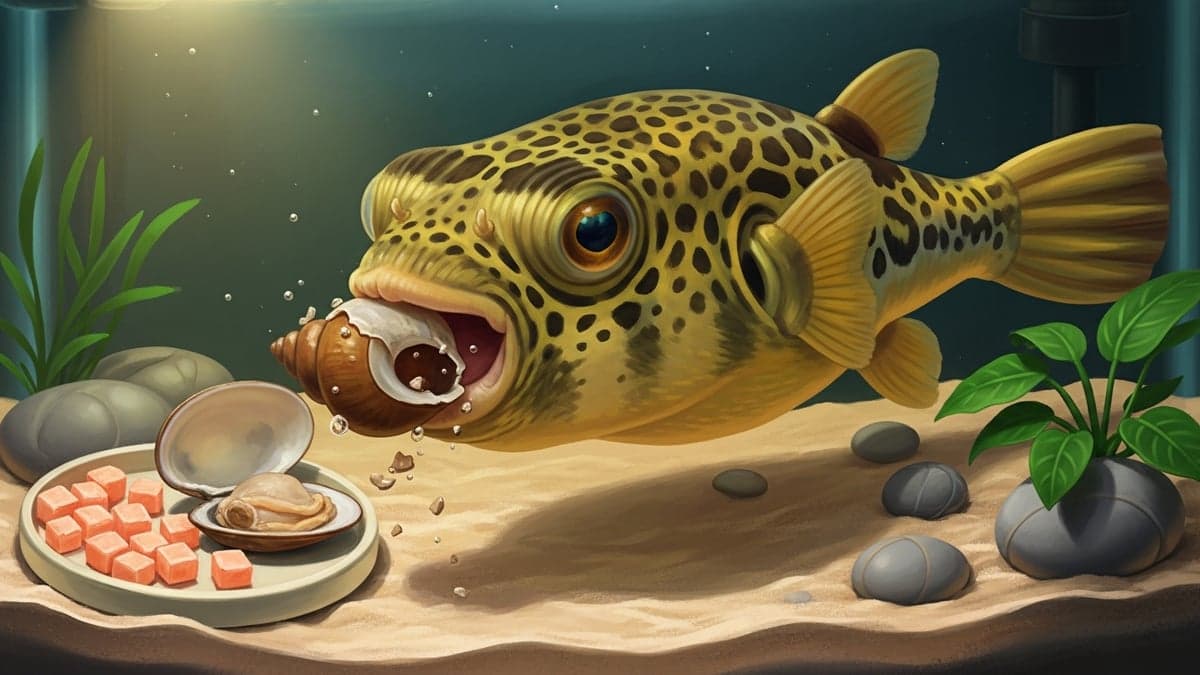 A Fahaka pufferfish eating a snail — demonstrating the hard-shelled diet essential for beak maintenance