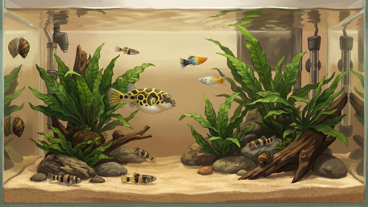 A Congo Puffer and a group of large Synodontis catfish coexisting in a spacious planted aquarium