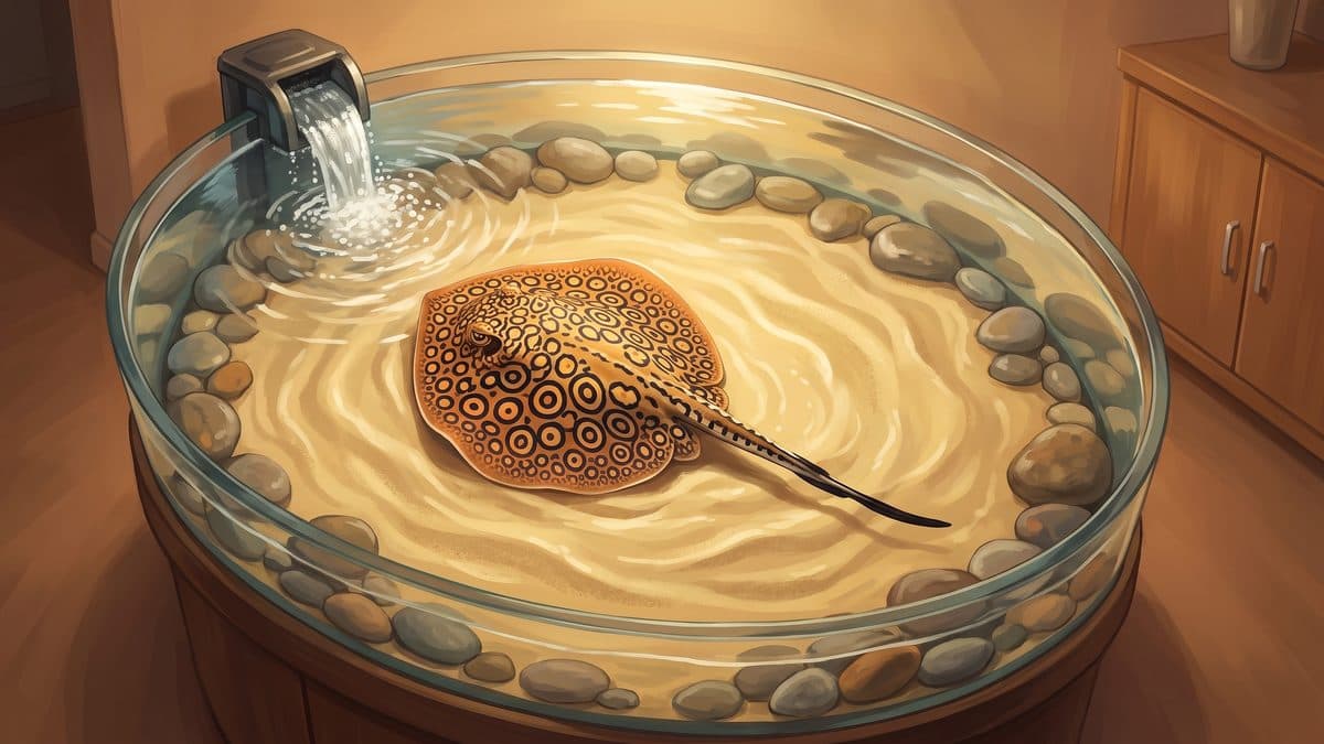 Freshwater polka-dot stingray resting on fine sand in a spacious aquarium