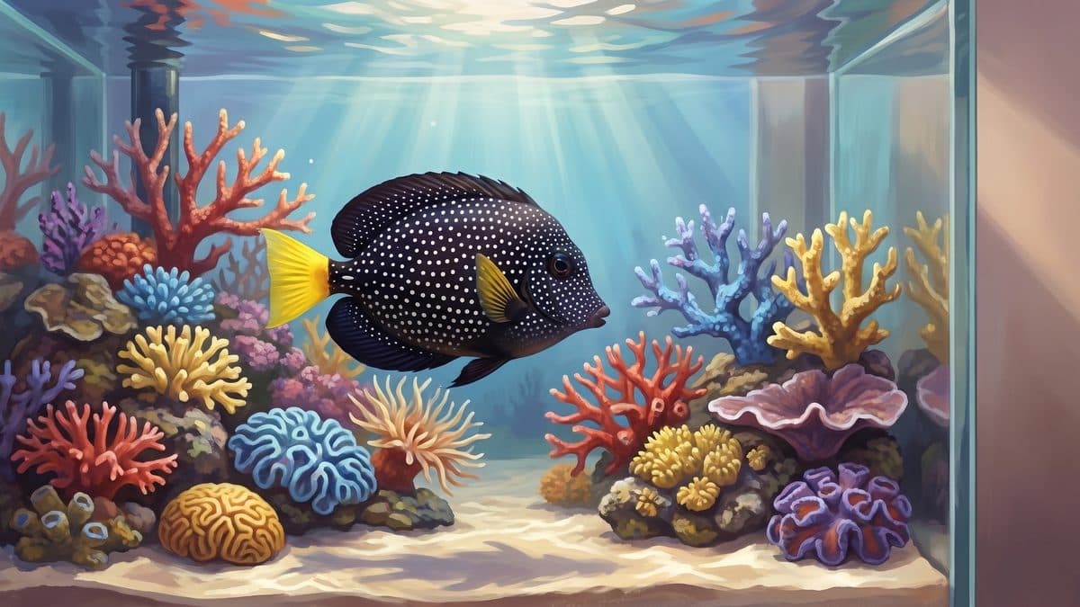 Gem tang with vivid black body and white spots in a coral reef aquarium