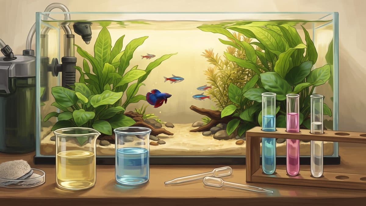 A row of coloured water test vials beside a planted aquarium displaying various pH and hardness test results