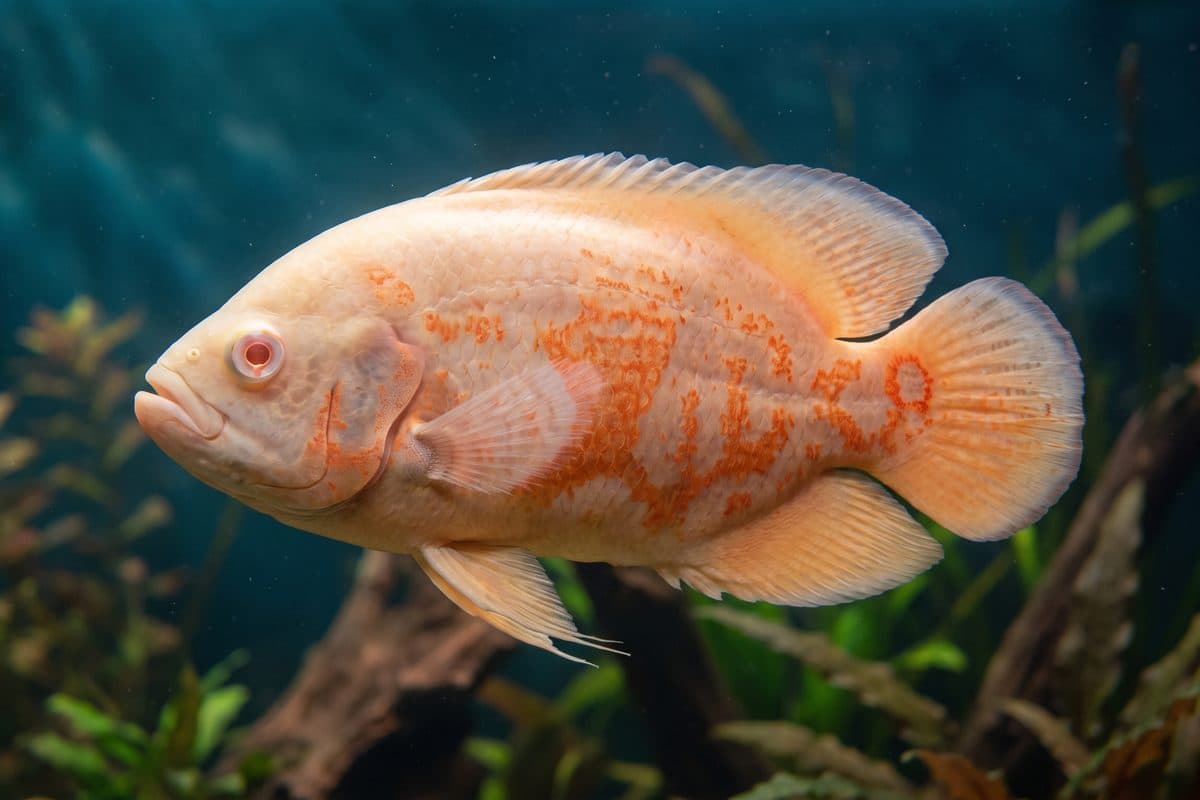 Adult Albino Oscar with bright white body and red-orange patterning in a spacious aquarium