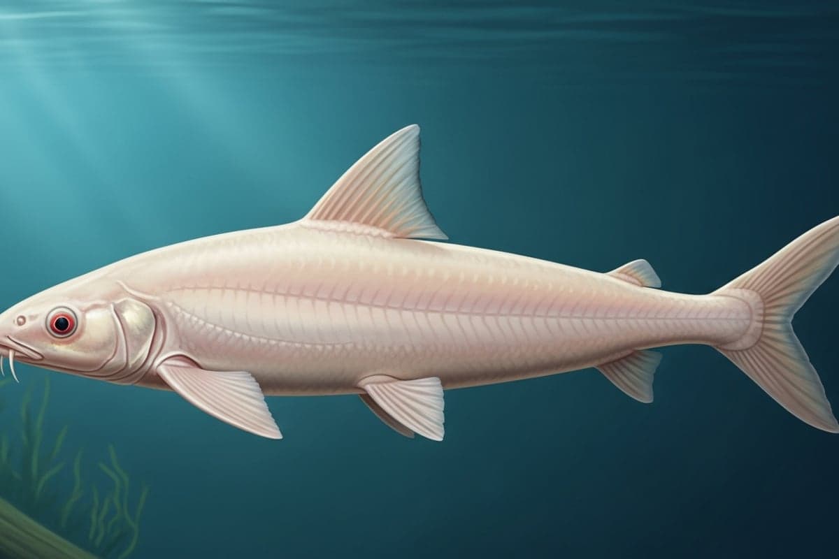 Albino Shark displaying its pale cream body and striking red-orange fins against a naturalistic aquarium backdrop with driftwood