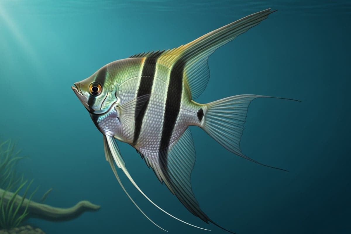 Wild-caught Altum Angelfish displaying its towering dorsal and anal fins and deep vertical barring in a blackwater aquarium with driftwood
