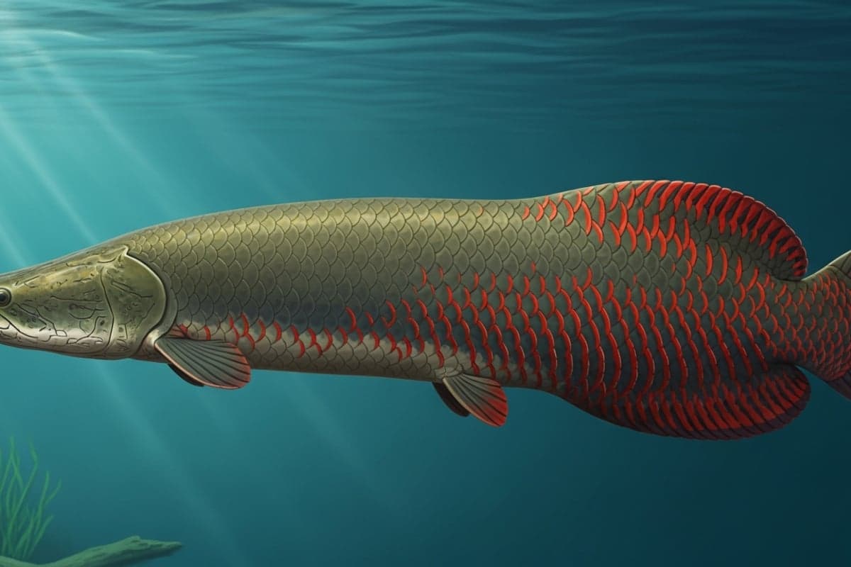 Massive Arapaima gigas cruising near the surface of a large indoor pond displaying its iconic red-tinged scales and primitive head shape