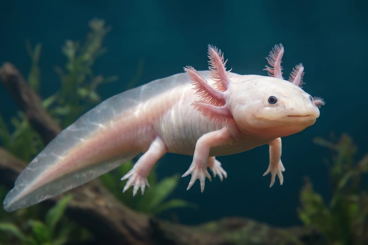 Leucistic axolotl with feathery pink gills resting on a fine sand substrate in a planted cold-water aquarium