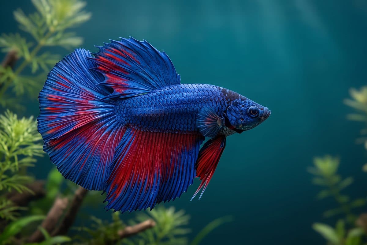 Stunning halfmoon betta displaying fully spread iridescent blue and red finnage against a dark planted aquarium background