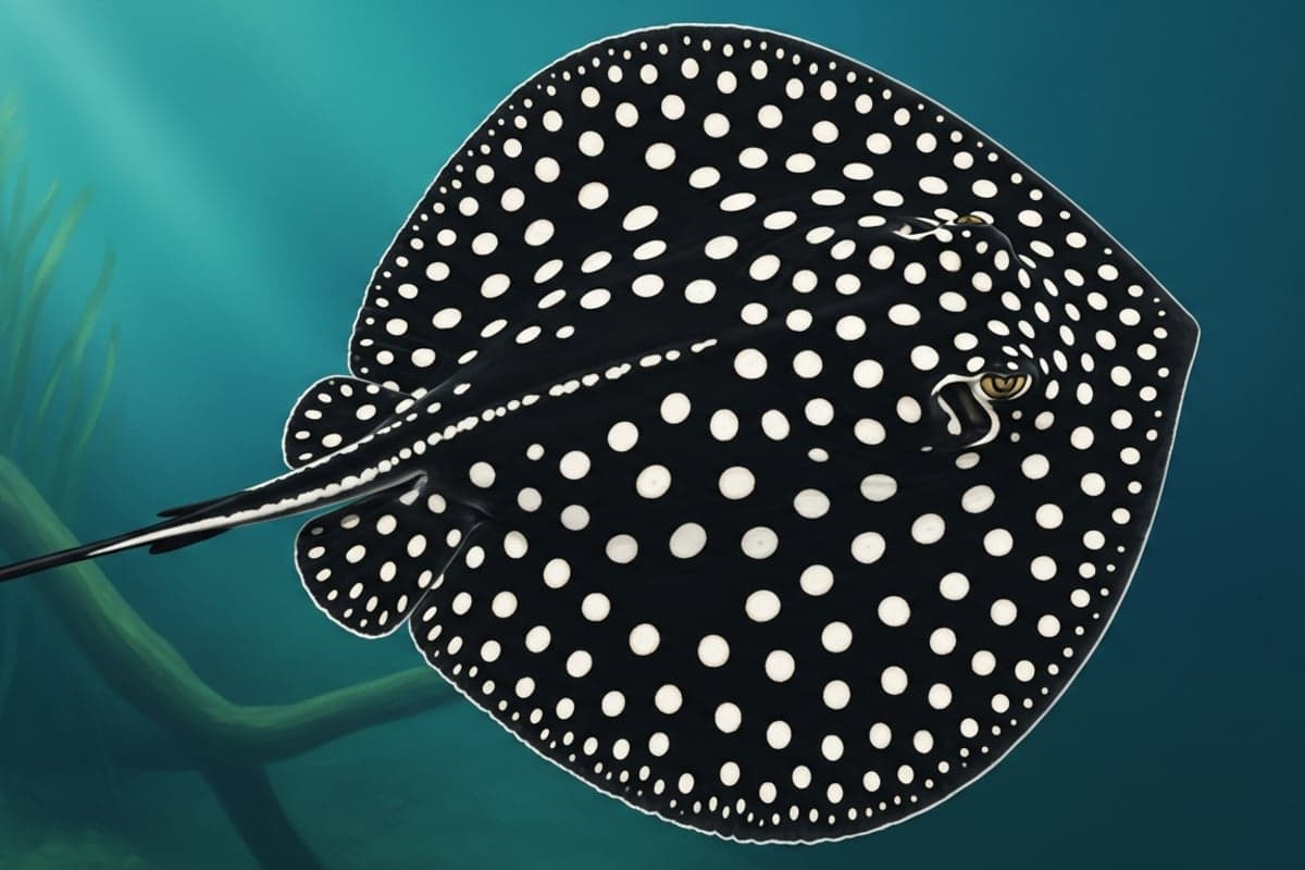 Black Diamond Stingray resting on sandy substrate displaying vivid white polka-dot pattern against jet-black disc