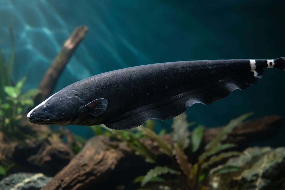 Black Ghost Knife Fish displaying its jet-black body and undulating anal fin in a dimly lit planted aquarium
