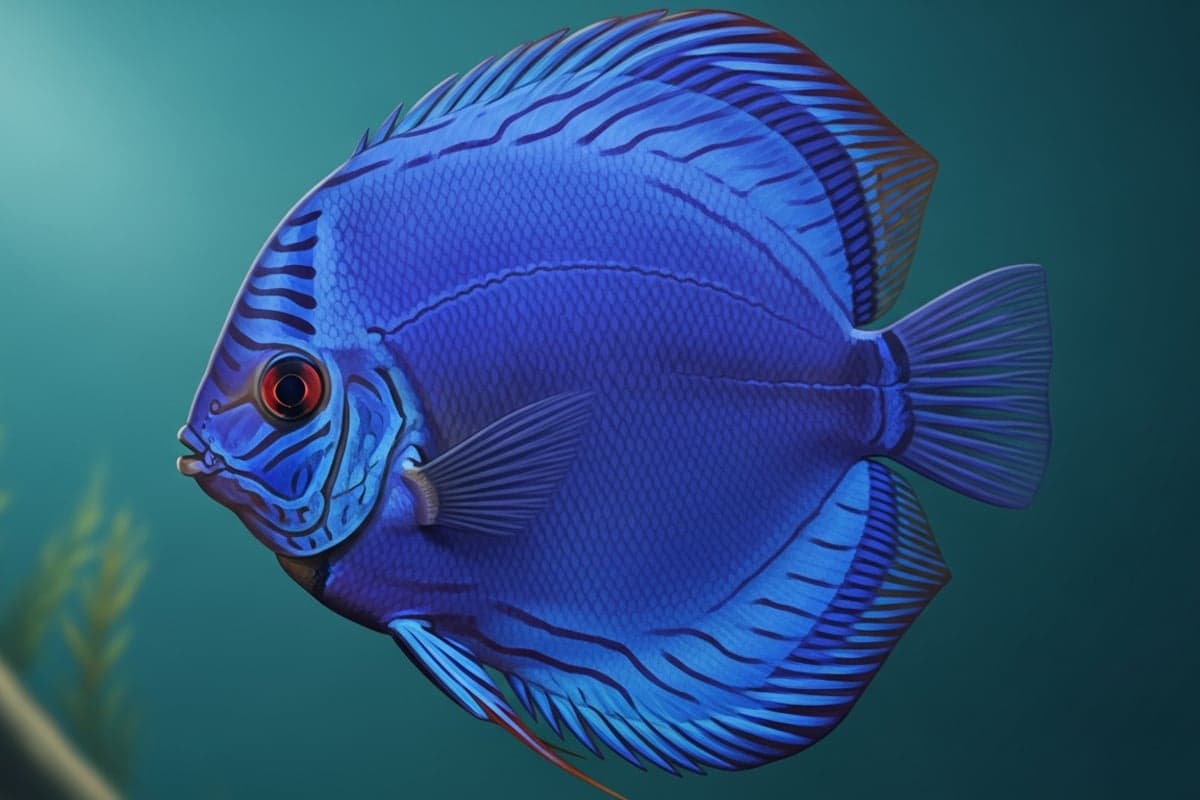 Pair of Blue Diamond Discus displaying intense cobalt-blue colouration in a warm, softly lit planted aquarium