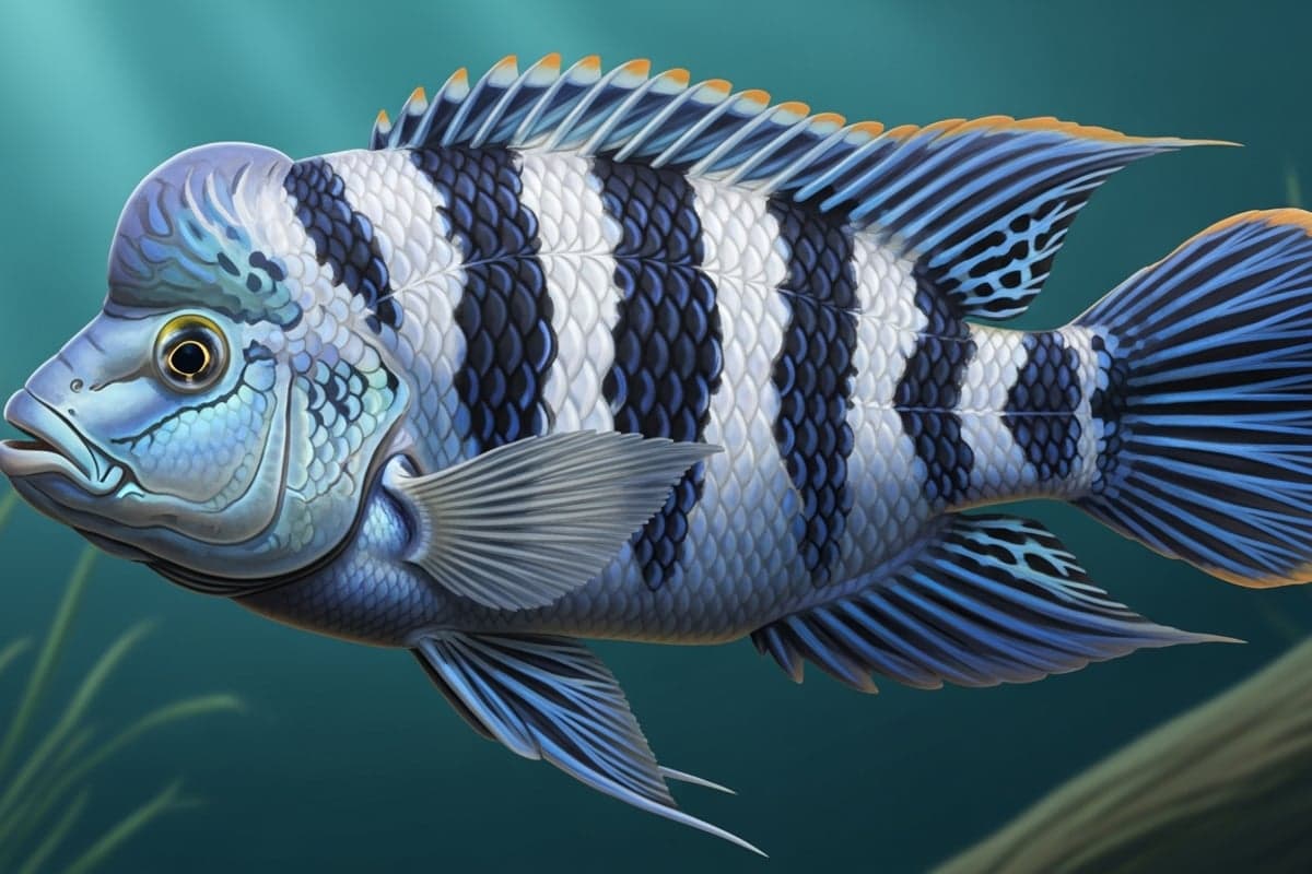 Mature Blue Zaire Frontosa displaying its deep indigo body bands and prominent nuchal hump in a rocky Lake Tanganyika biotope aquarium