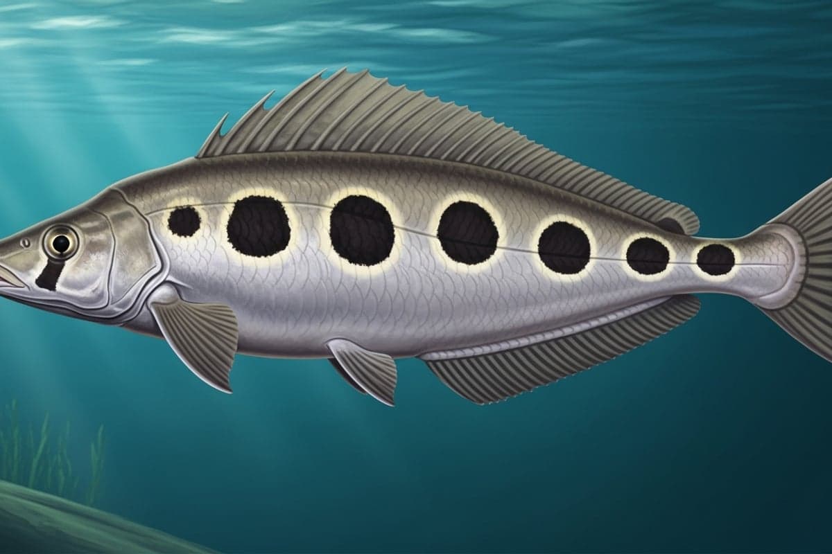 Large Clown Knife Fish displaying signature ocellated spots along its silvery flank in a spacious planted aquarium