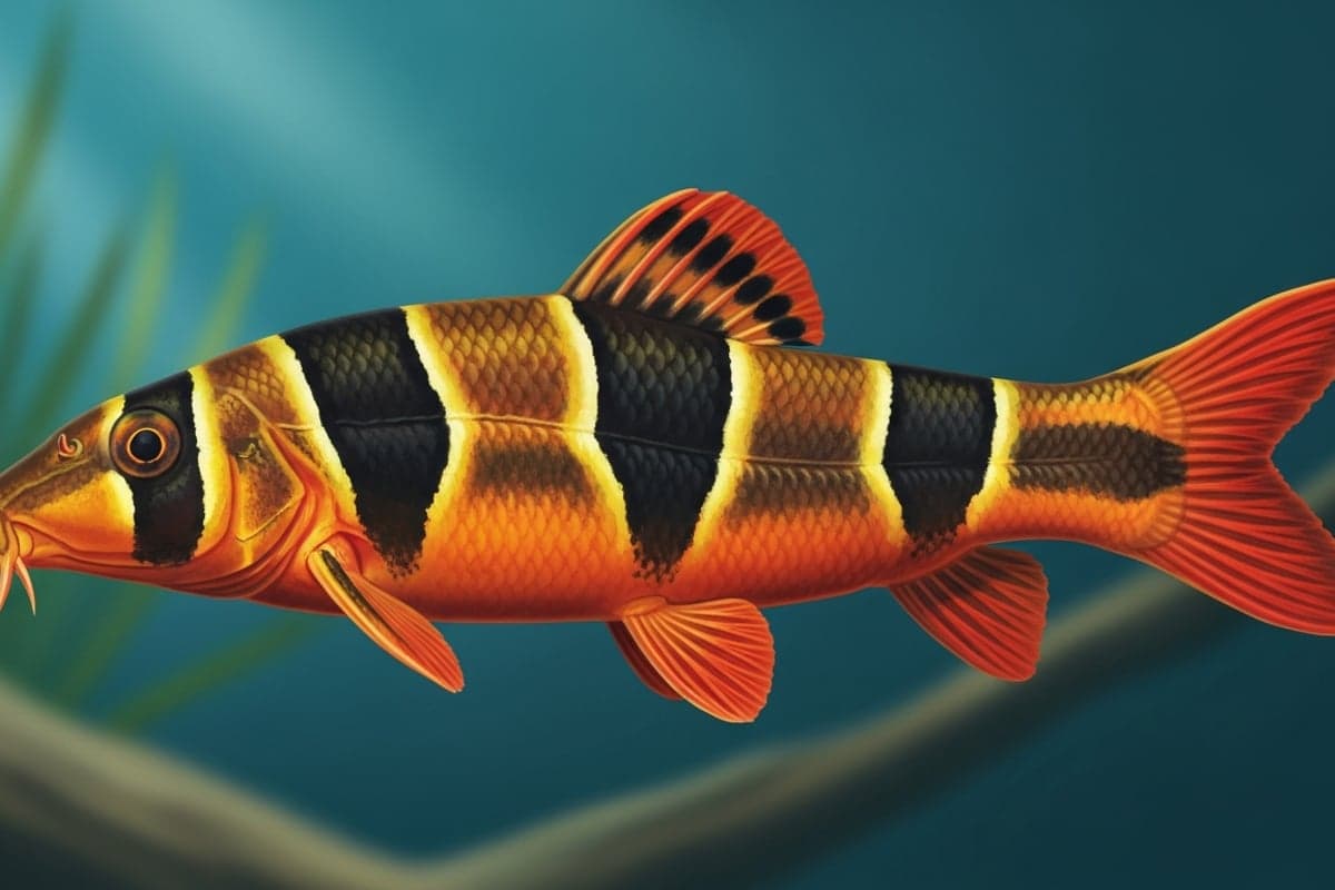 School of Clown Loaches displaying bright orange bodies with bold black wedge-shaped bands resting among driftwood