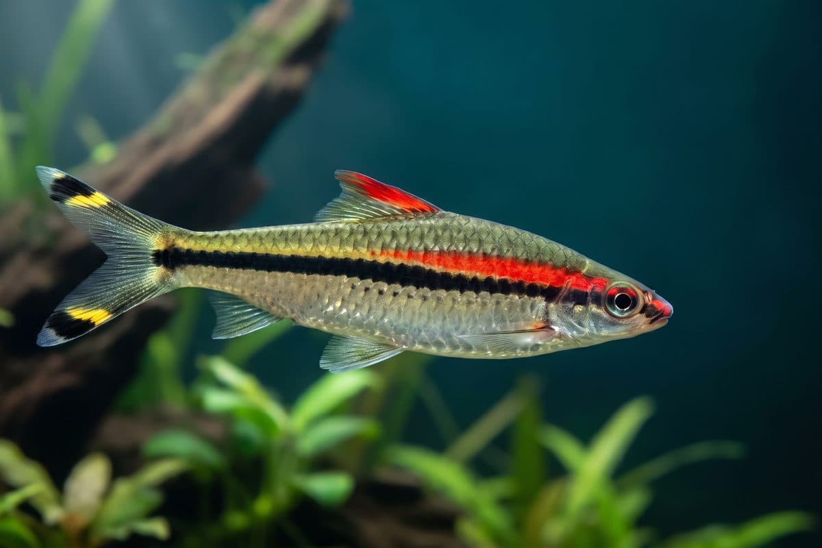 School of Denison Barbs displaying their distinctive red and black lateral stripes in a planted aquarium with moderate current