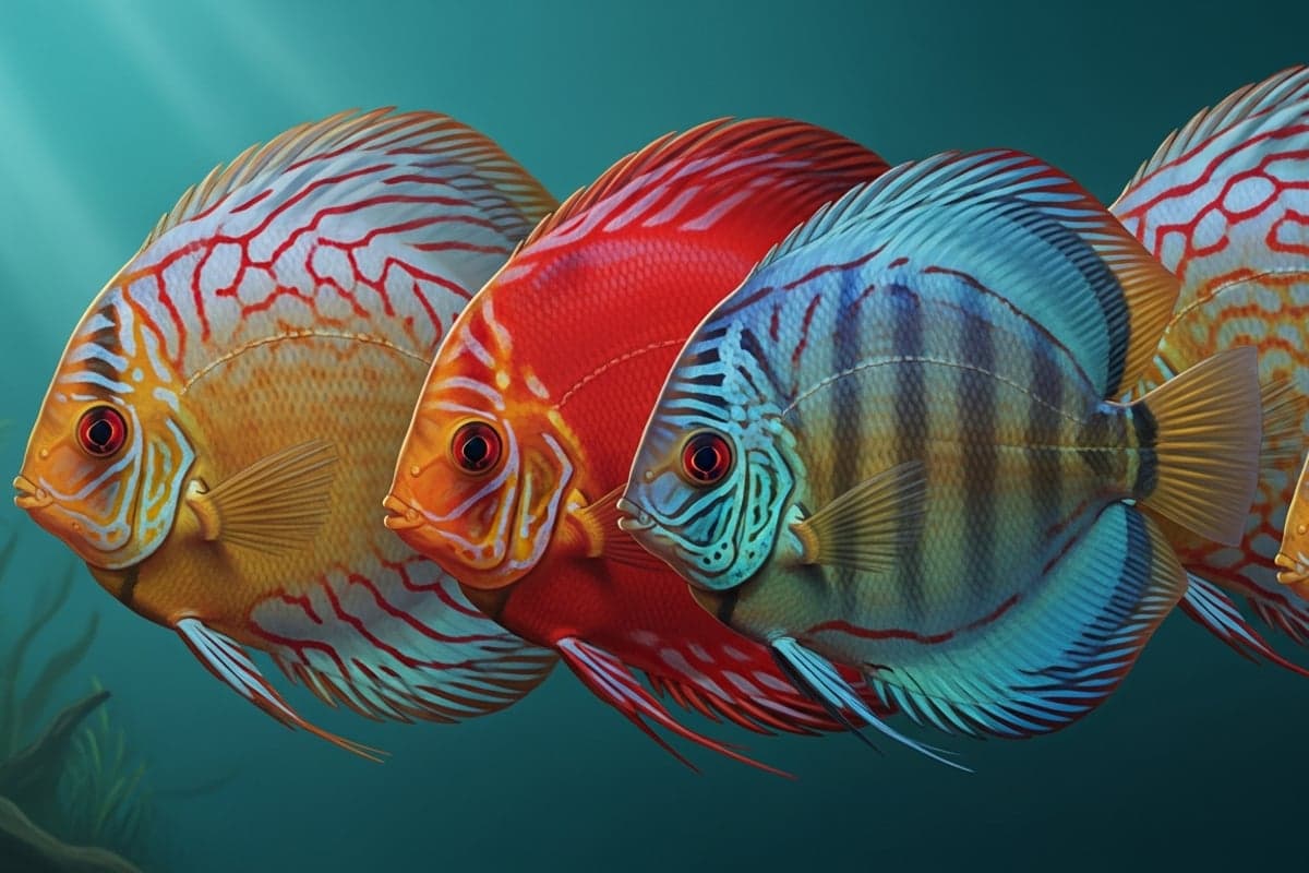 Vibrant wild-type Discus displaying rich brown and blue vertical barring in a planted blackwater aquarium
