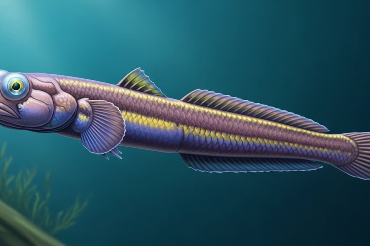 Adult Dragon Goby resting on sandy substrate showing its elongated iridescent purple-blue body and prominent jaw
