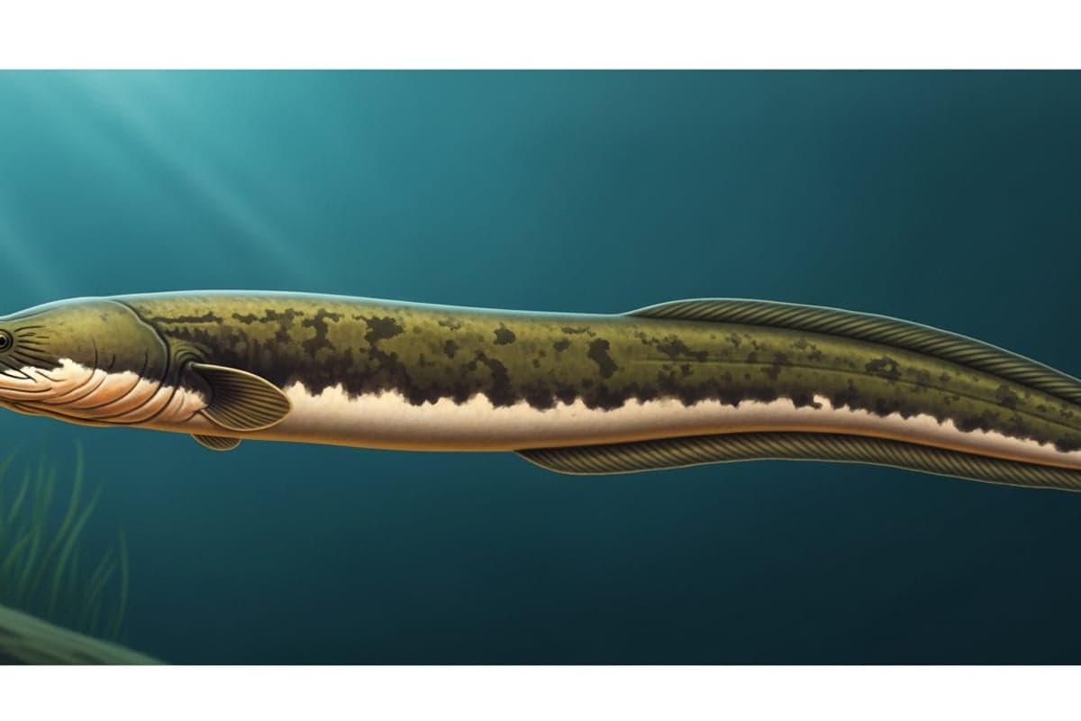 Adult Electric Eel resting on a sandy substrate in a spacious dimly lit aquarium showing its elongated dark olive body