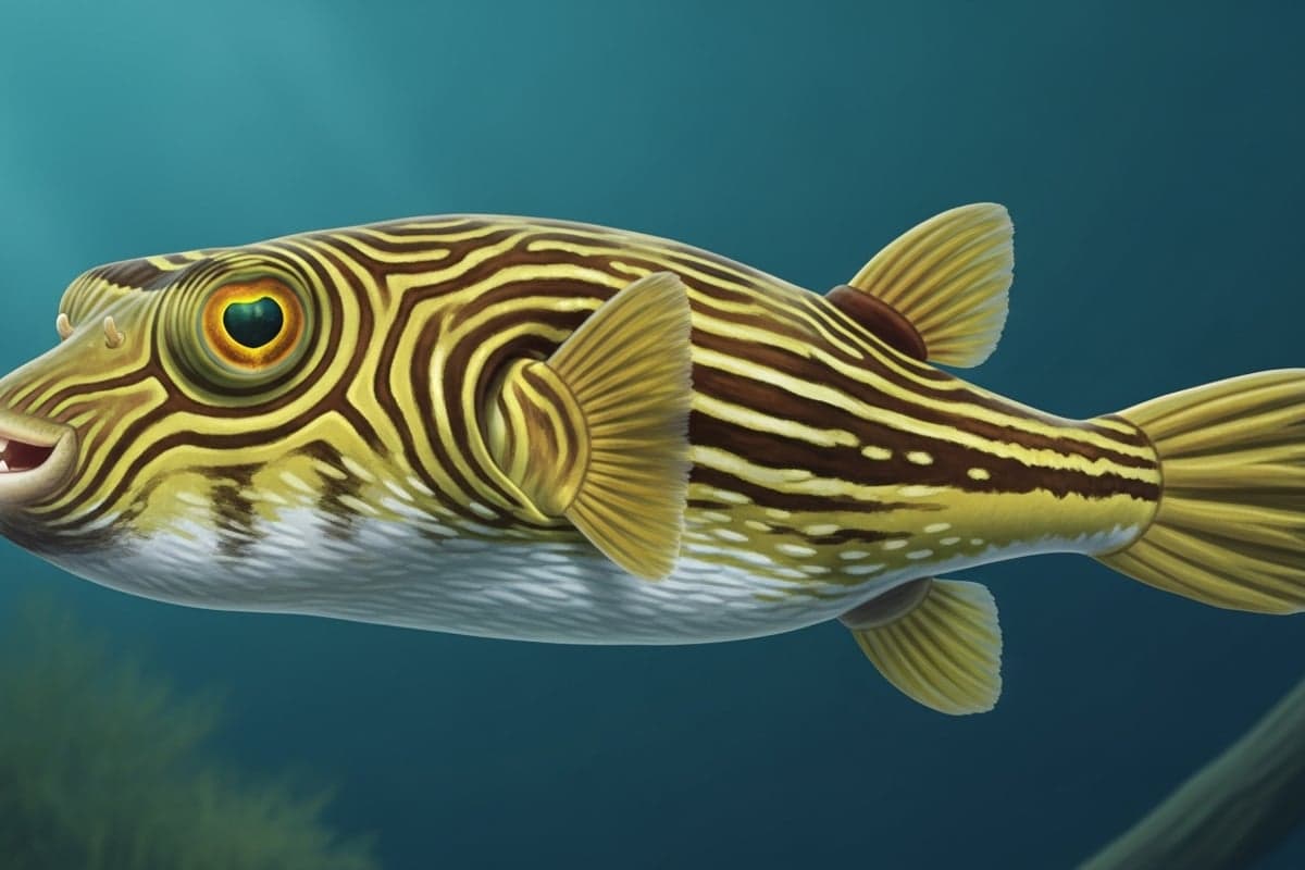 Adult Fahaka Pufferfish displaying bold striped patterning and curious expression in a sparsely decorated aquarium