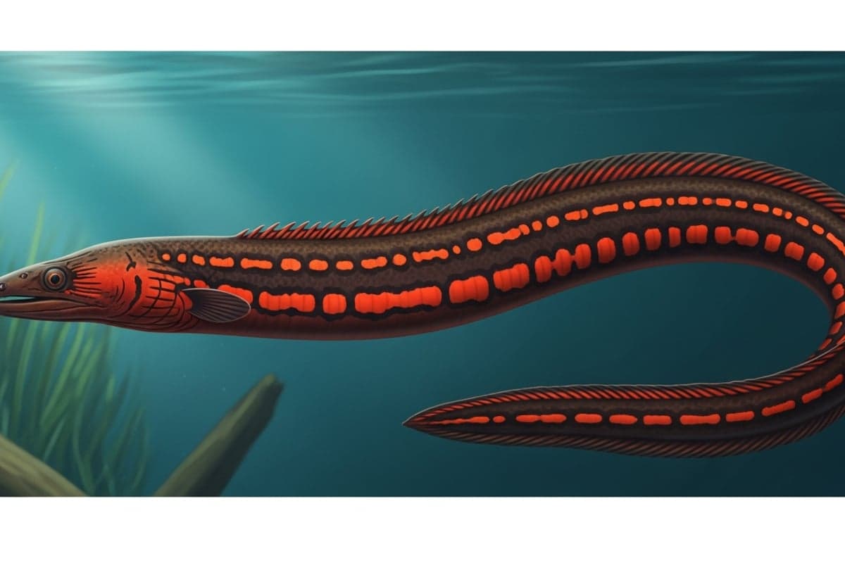 Adult Fire Eel partially buried in fine sand with vivid red-orange lateral stripes glowing under subdued aquarium lighting