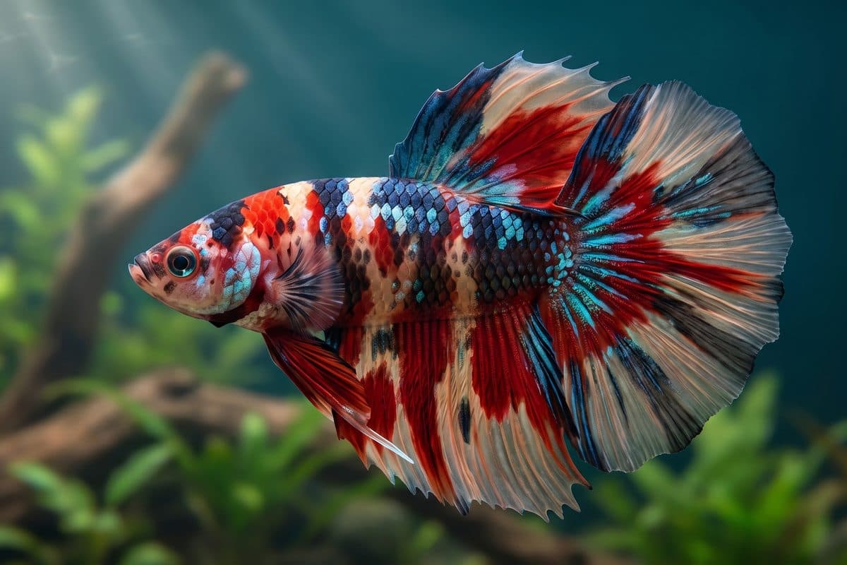 Galaxy Koi Halfmoon betta displaying vivid red, black, and iridescent blue-galaxy patterning with fully spread fins