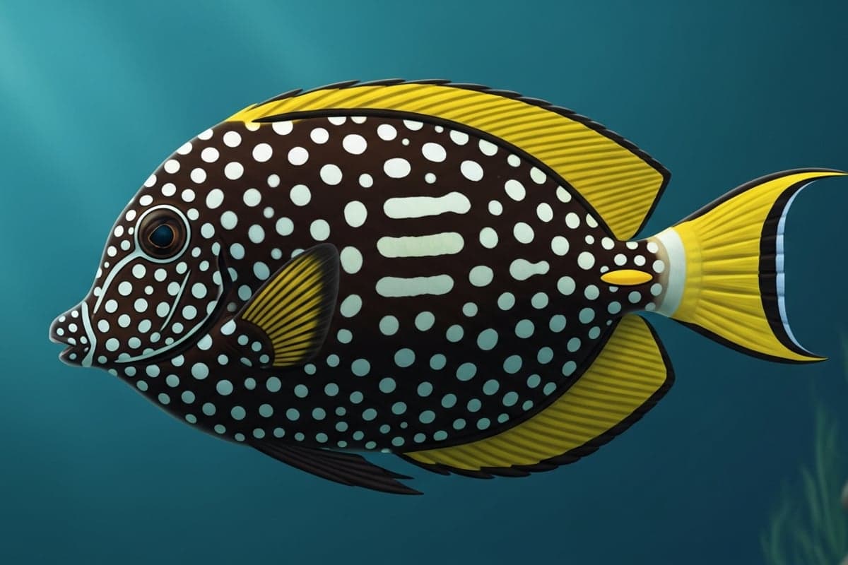 Gem Tang displaying brilliant white spots against its jet-black body in a mature reef aquarium