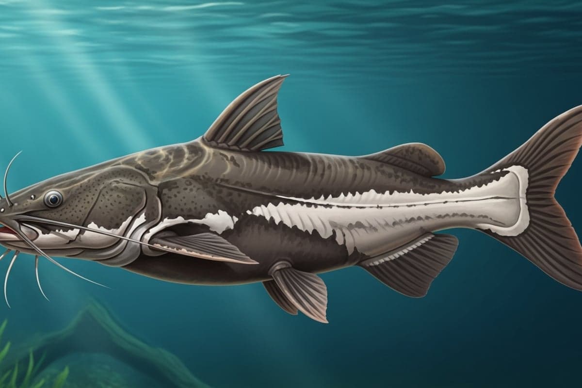 Irwini Catfish with its distinctive flattened head and barred body pattern resting on sandy substrate in a large aquarium
