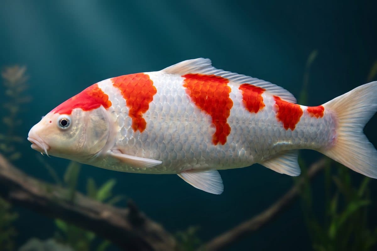 Top-view of a champion-grade Kohaku koi displaying crisp red-and-white patterning in a Japanese mud pond