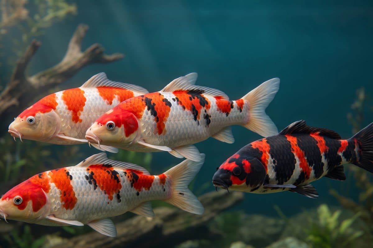 Diverse collection of koi varieties including Kohaku, Sanke, and Showa swimming together in a crystal-clear Japanese pond