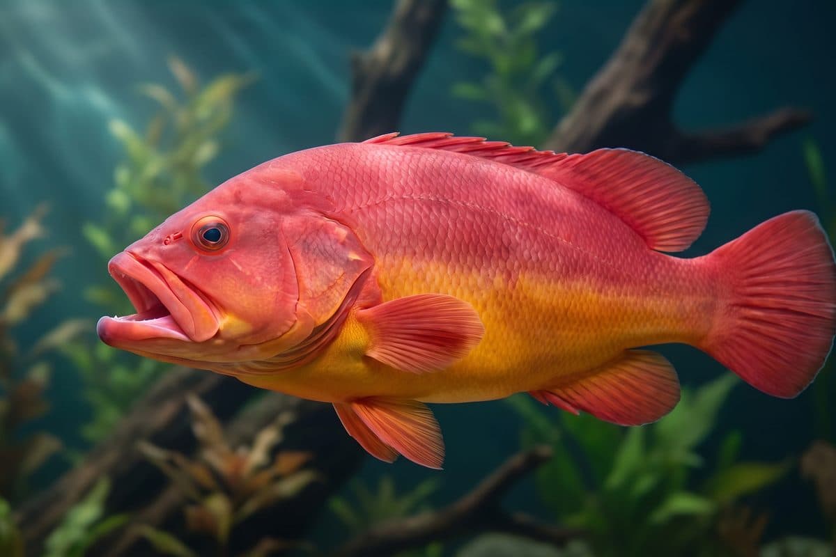 Neptune Grouper displaying its vivid orange and pink colouration in a deepwater reef aquarium