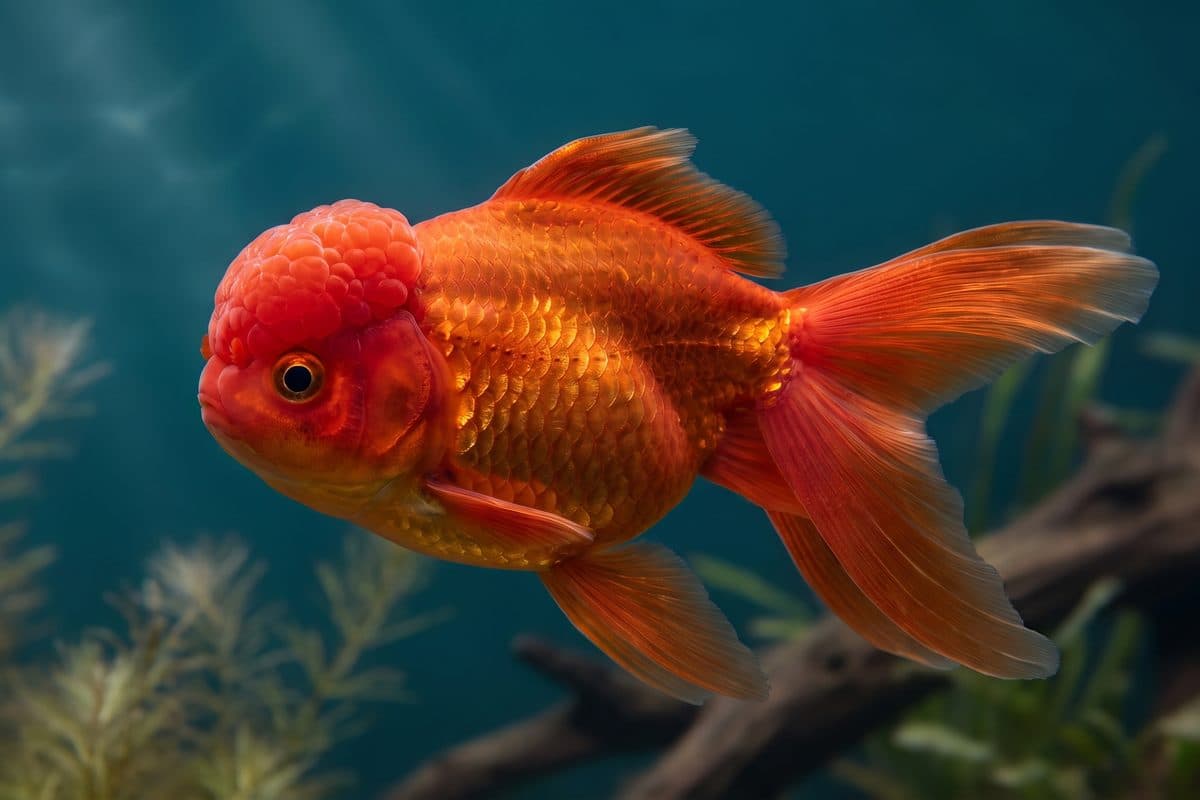 Red Cap Oranda goldfish displaying its prominent wen (head growth) and flowing finnage in a planted coldwater aquarium