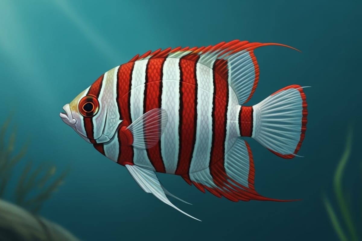 Peppermint Angelfish with its distinctive red and white striping swimming among deep-reef corals