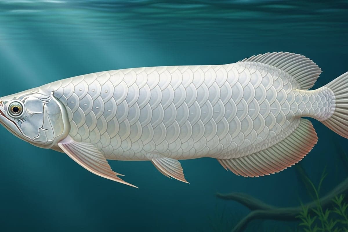 Adult Platinum Arowana displaying its iconic metallic silver-white scales in a dimly lit aquarium