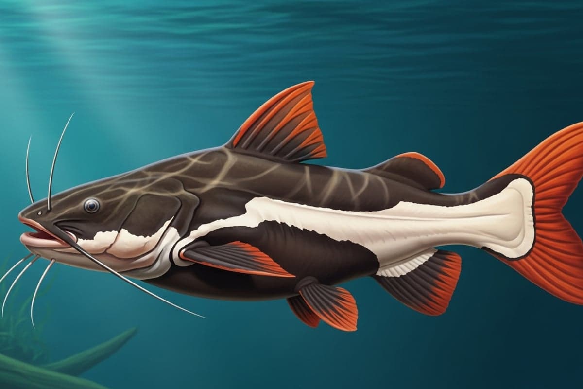 Adult Red Tail Catfish displaying its characteristic bright orange-red caudal fin and bicoloured dark-and-white body