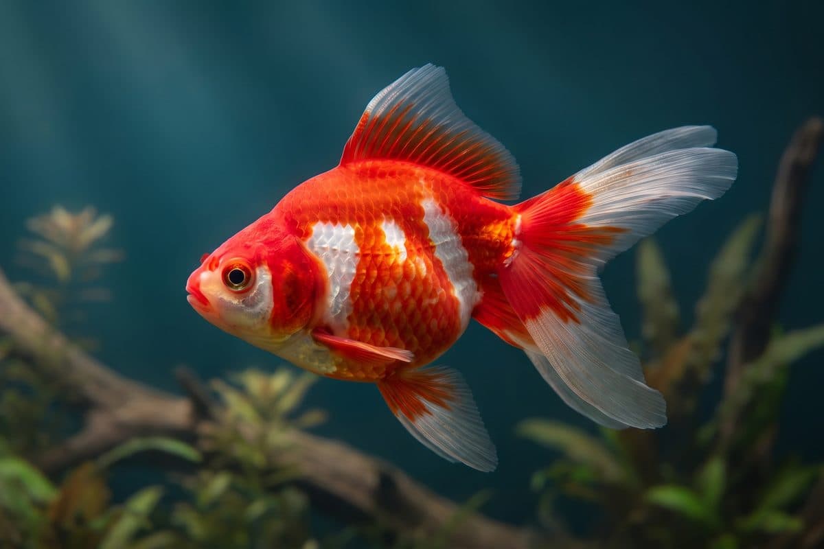 Red and white Ryukin goldfish displaying its distinctive high dorsal hump and flowing double tail