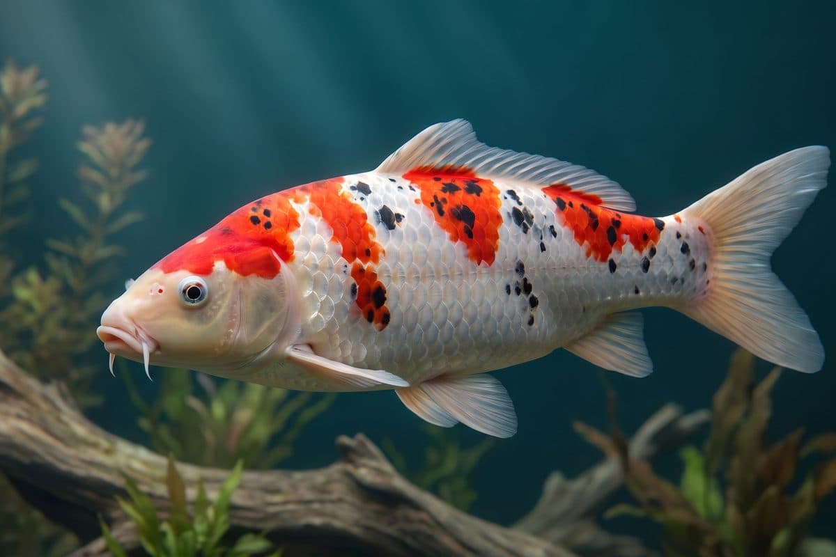 Taisho Sanke koi displaying a balanced pattern of red (hi) and black (sumi) markings on a white (shiroji) base