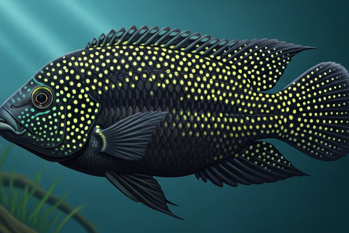 Adult Starry Night Cichlid displaying jet-black body covered with iridescent gold-white star-like spots