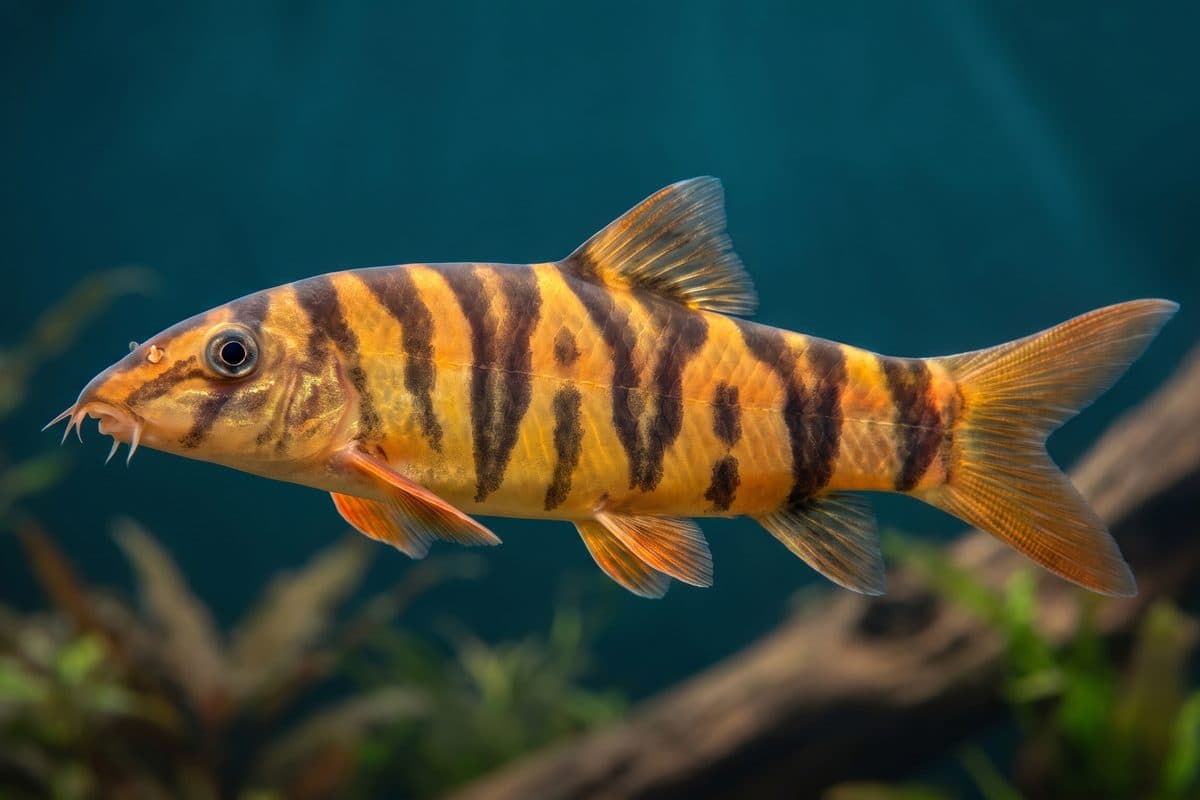 Tiger Loach (Syncrossus hymenophysa) displaying bold dark vertical bands on a golden body