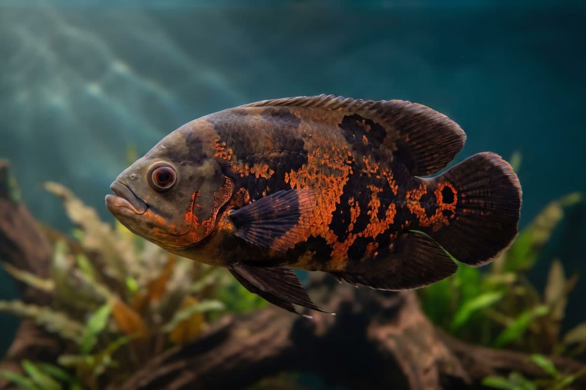 Adult Tiger Oscar displaying bold orange and black tiger-stripe patterning in a large planted aquarium