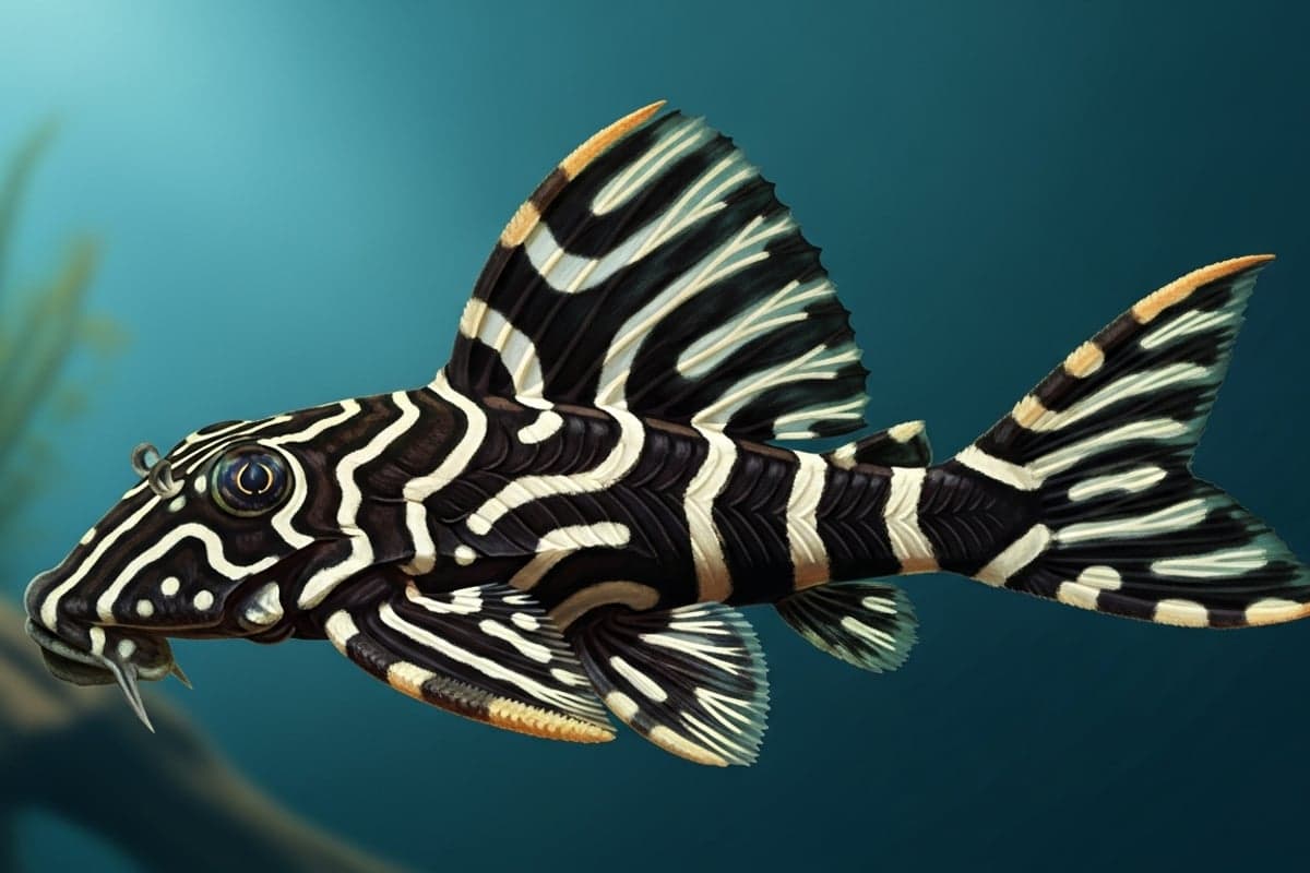 Zebra Pleco displaying striking black and white lateral stripes while resting on a smooth river stone